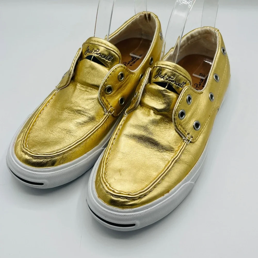 Converse Jack Purcell Womens Gold Metallic Leather Boat Shoes Slip On Sz 7